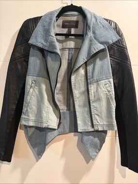 BCBGMaxAzria Light Blue Denim and Black Leather Two-Tone Moto Jacket